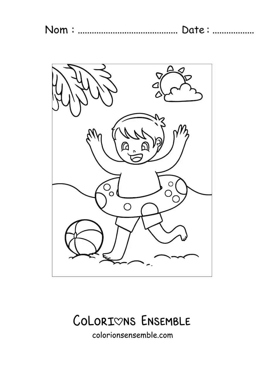 Image à colorier d’un petit garçon qui joue à la plage avec un ballon et une bouée