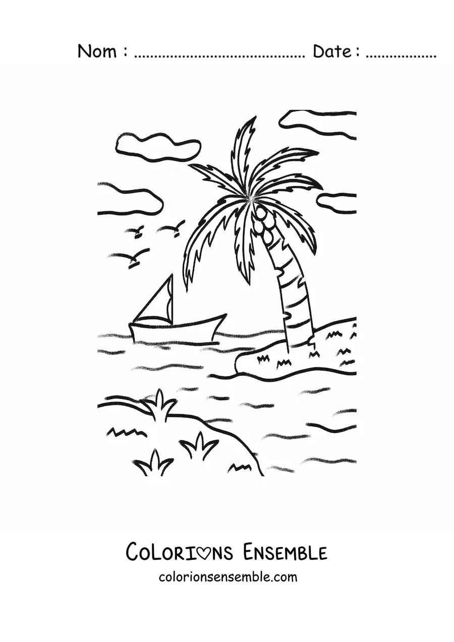 Image à colorier d’un voilier sur la plage