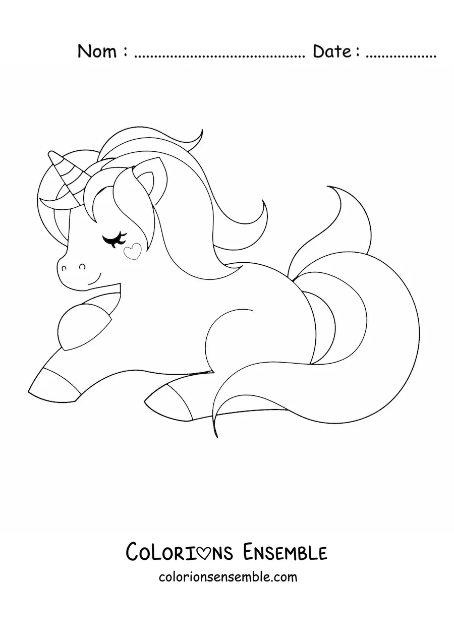 Image à colorier d’une licorne kawaii allongée