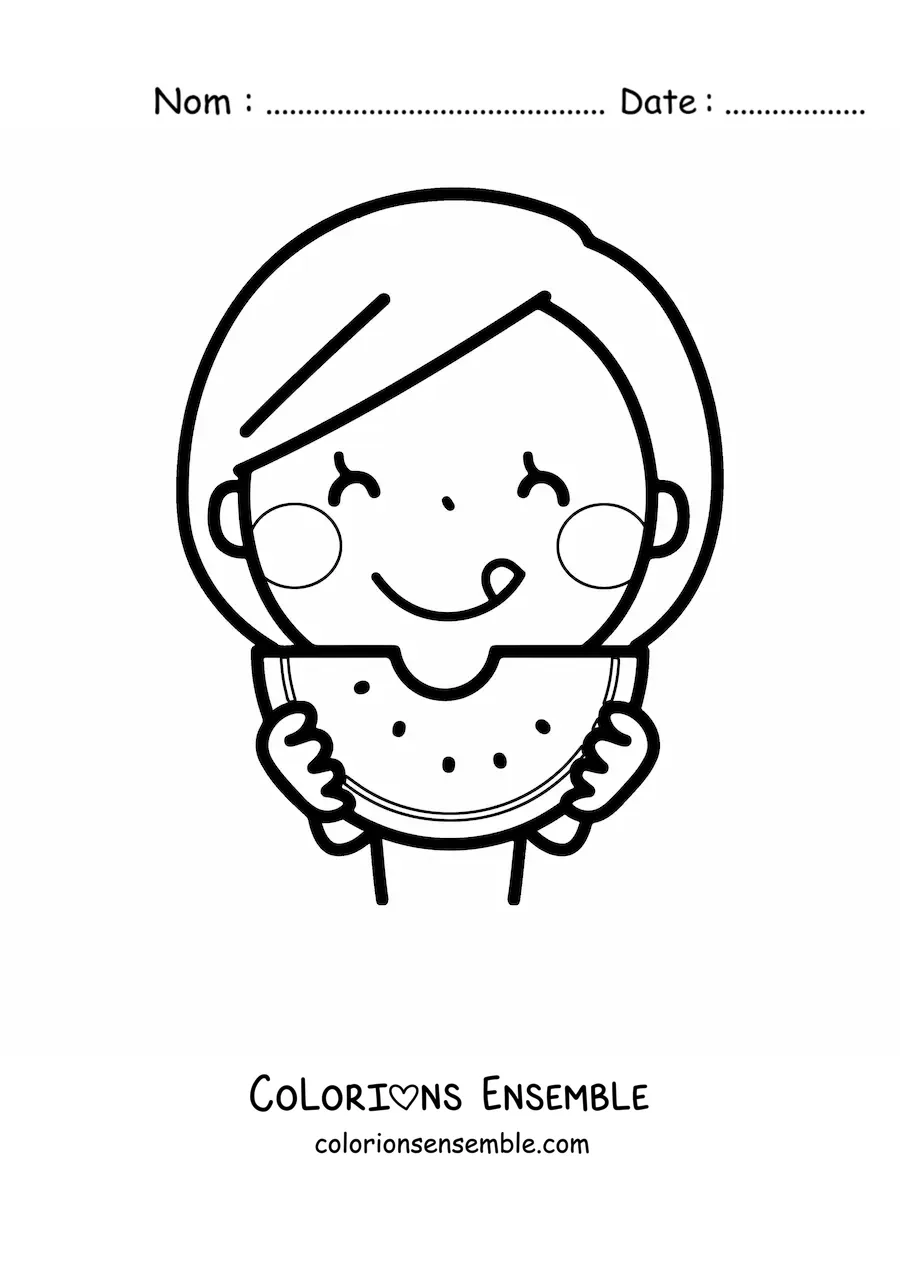 Coloriage d'une petite fille qui mange une pastèque à deux mains