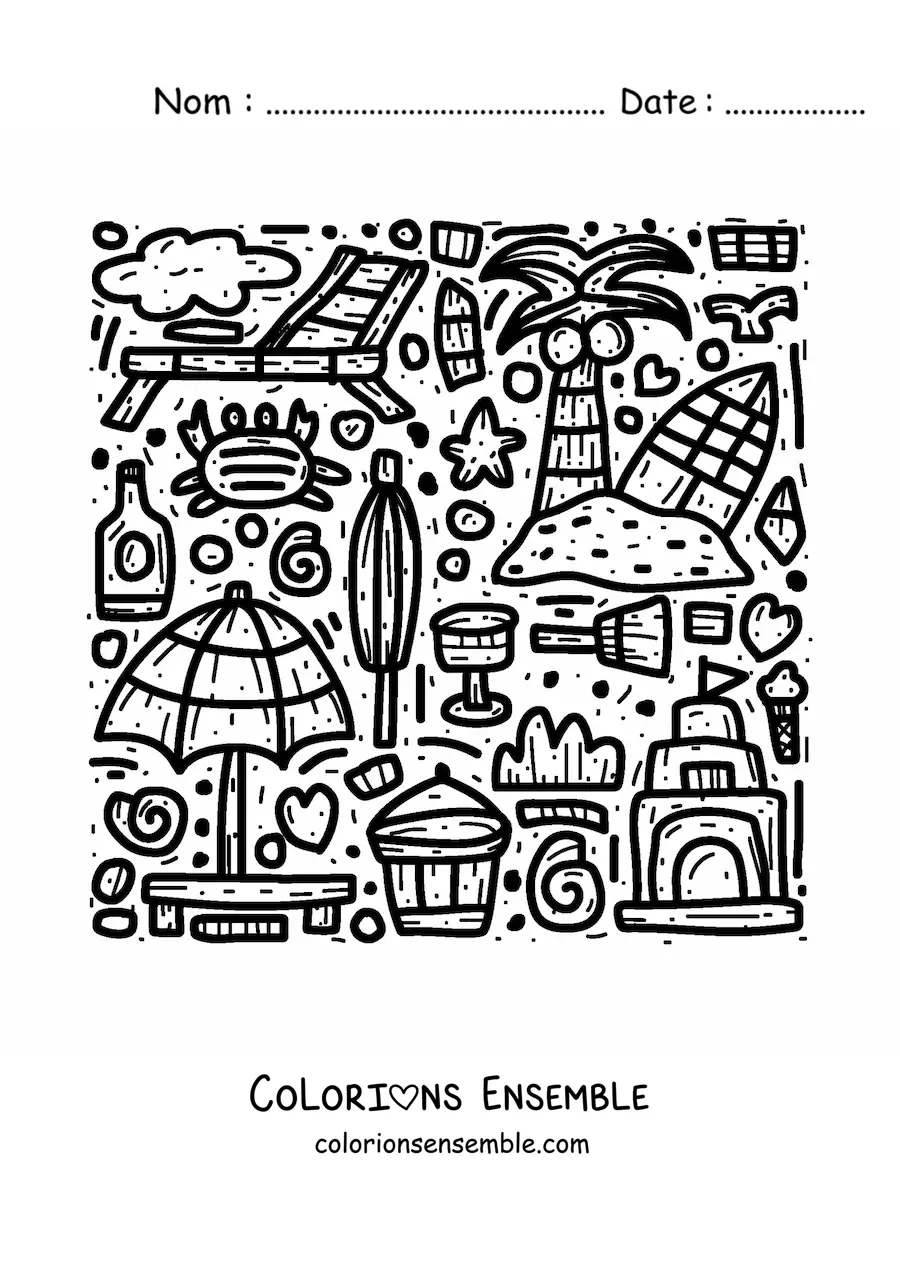 Image à colorier de jouets, d’accessoires, de plantes, d’animaux et d’objets de plage