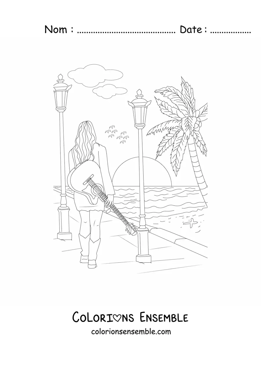 Image à colorier d’une fille qui se promène le long de la plage