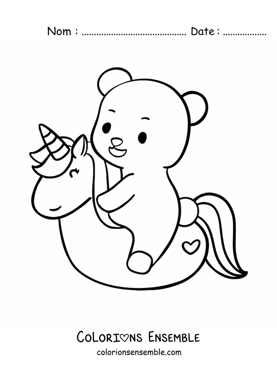 Image à colorier d’un ours kawaii sur une bouée en forme de licorne