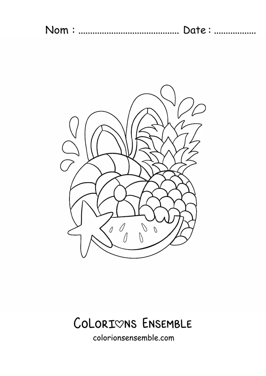 Image à colorier de plusieurs fruits et accessoires de plage