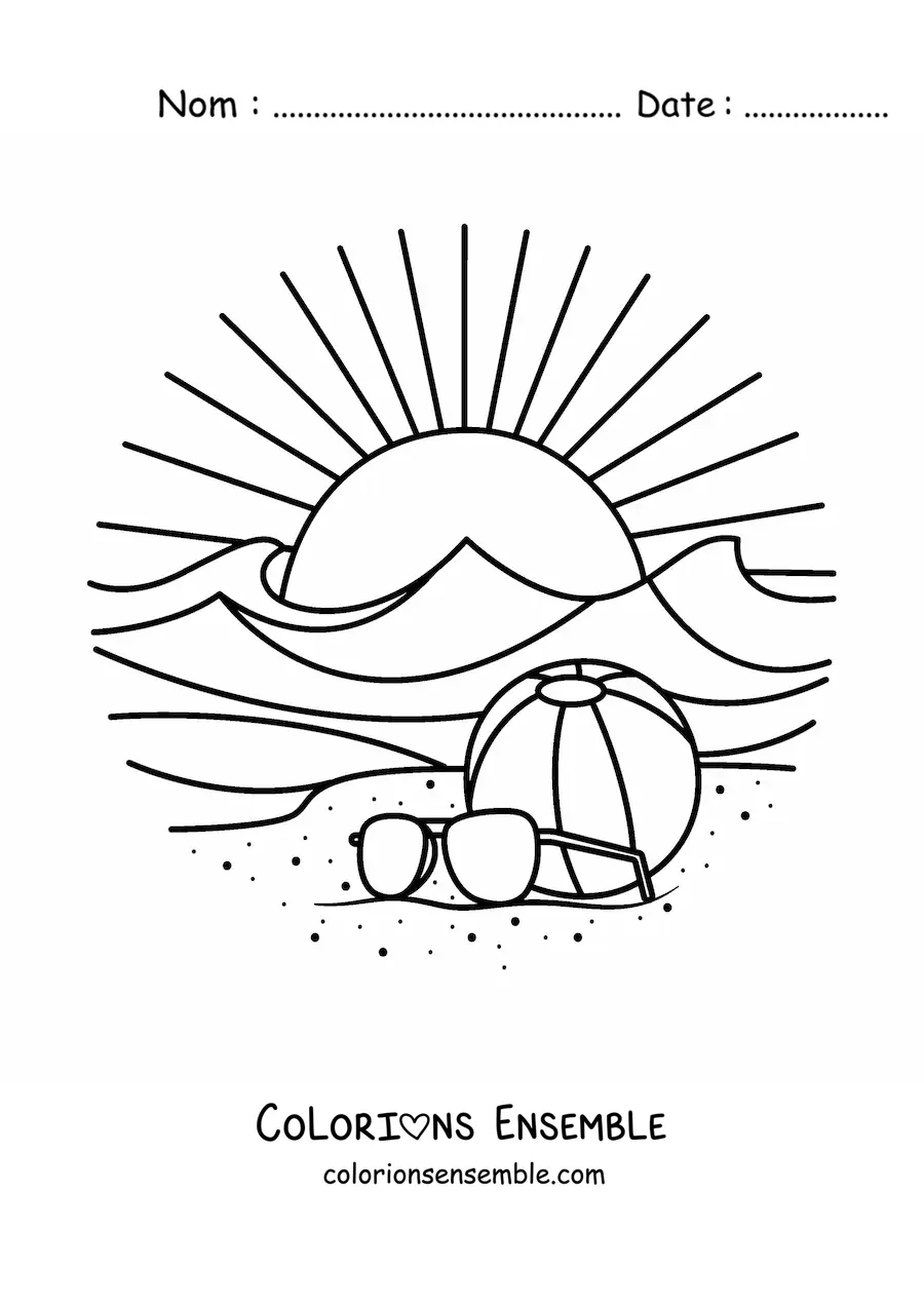 Image à colorier d’un coucher de soleil sur la plage avec un ballon sur le sable