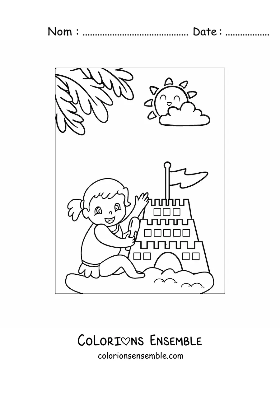 Image à colorier d’une petite fille qui joue avec un château de sable