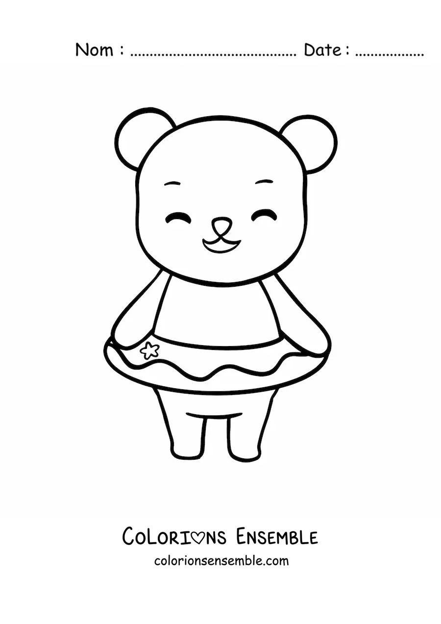 Image à colorier d’un petit ours kawaii souriant avec une bouée