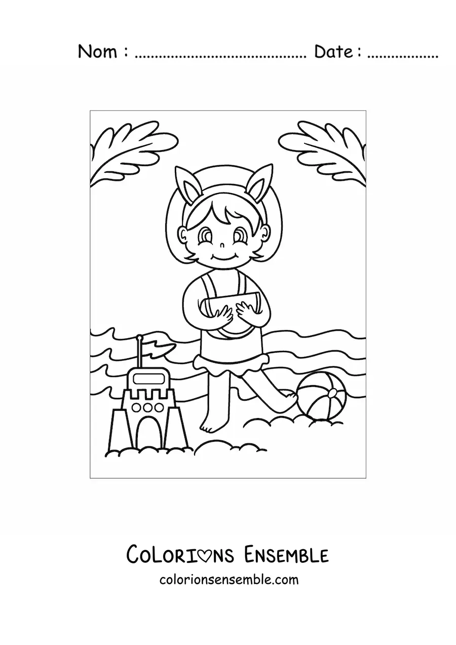 Image à colorier d’une petite fille qui mange de la pastèque à côté d’un château de sable à la plage