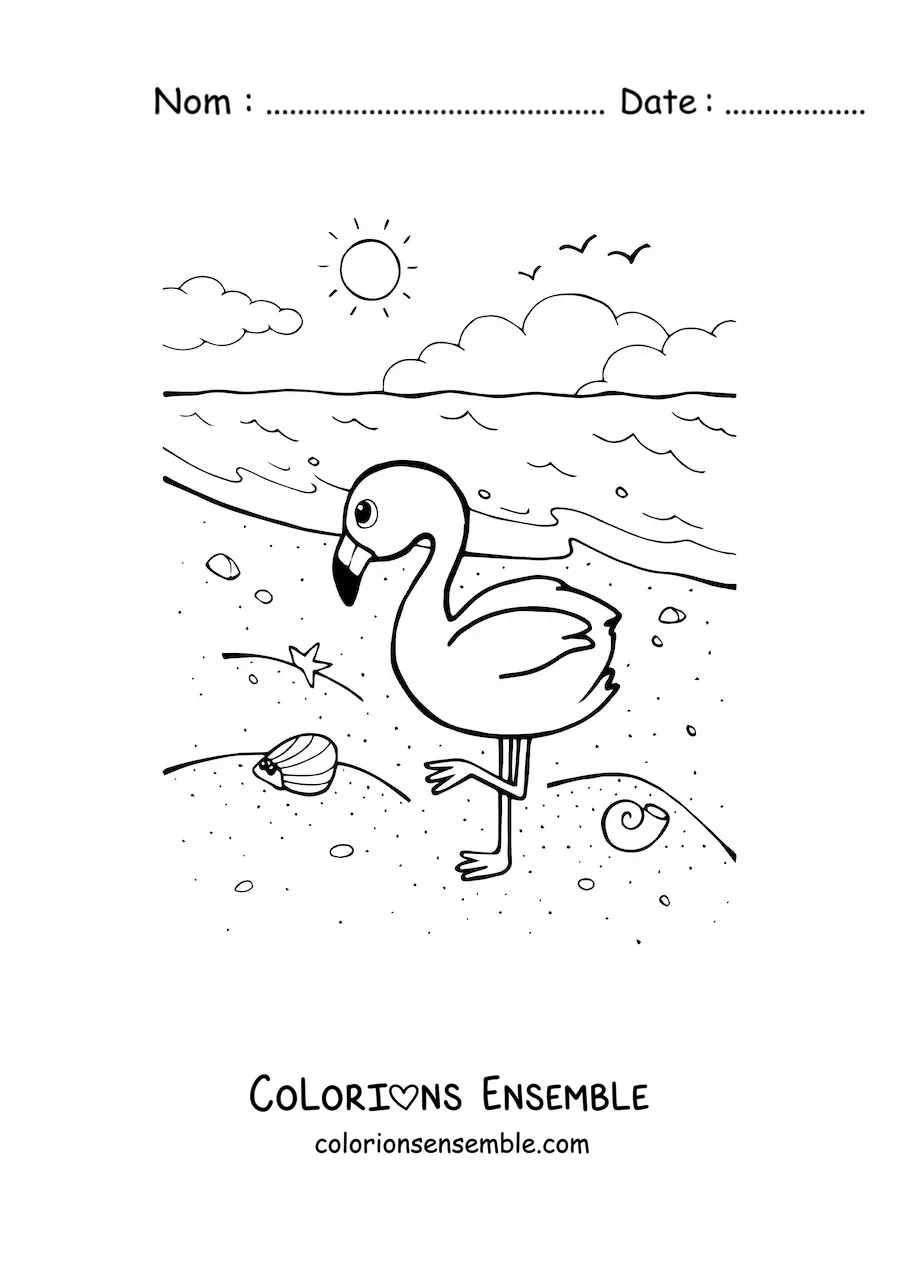 Image à colorier d’un flamant rose sur la plage
