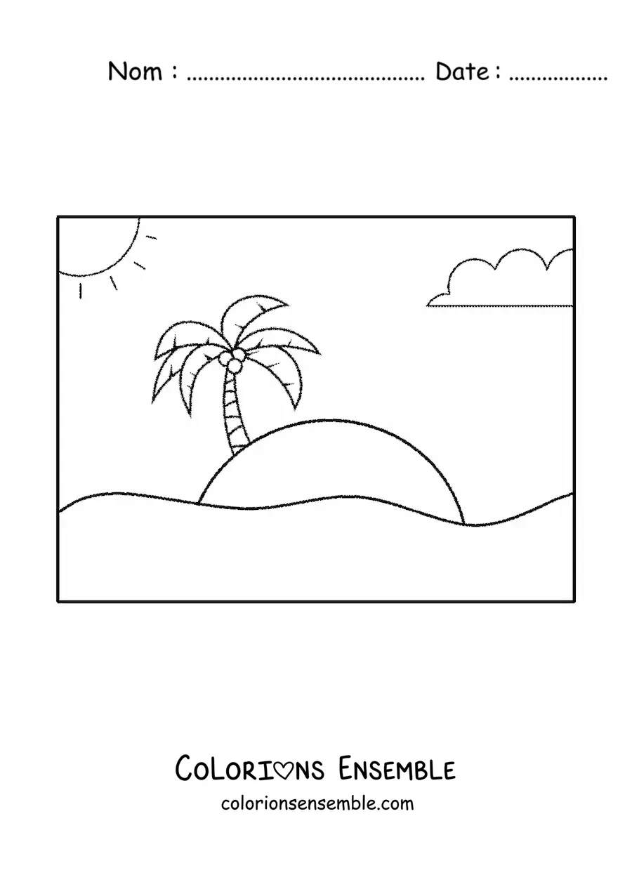Image à colorier d’une plage, du soleil et d’un palmier