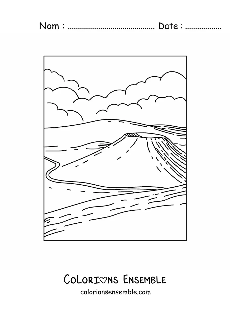 Image à colorier d’un paysage avec un volcan