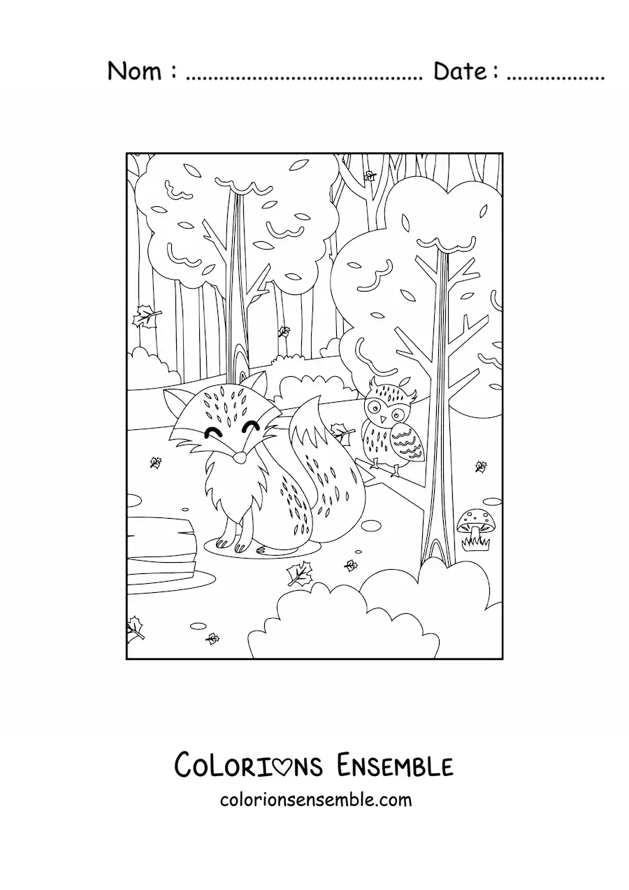 Image à colorier d’un renard à côté d’un hibou kawaii dans la forêt