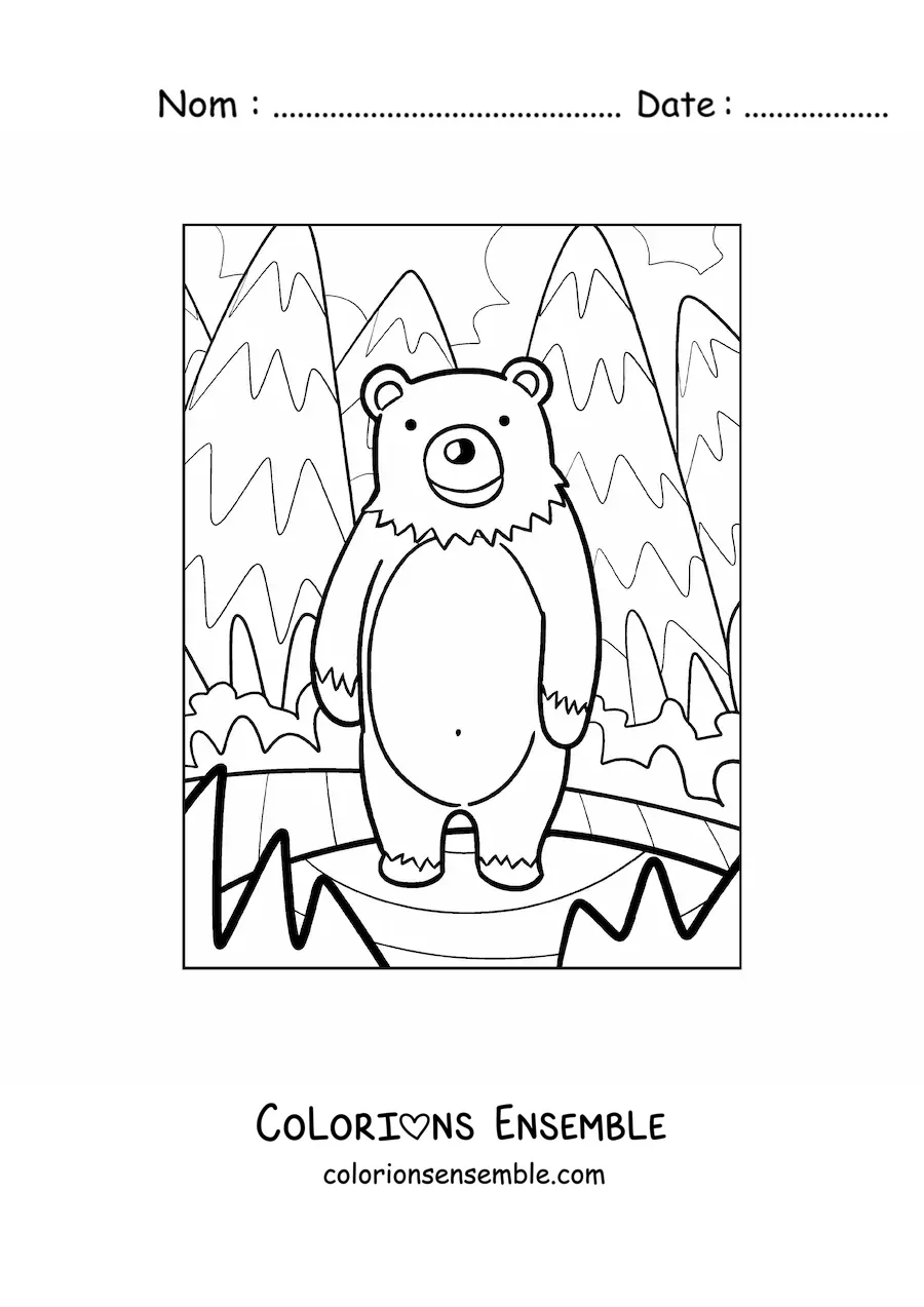 Image à colorier d'un ours kawaii dans une forêt