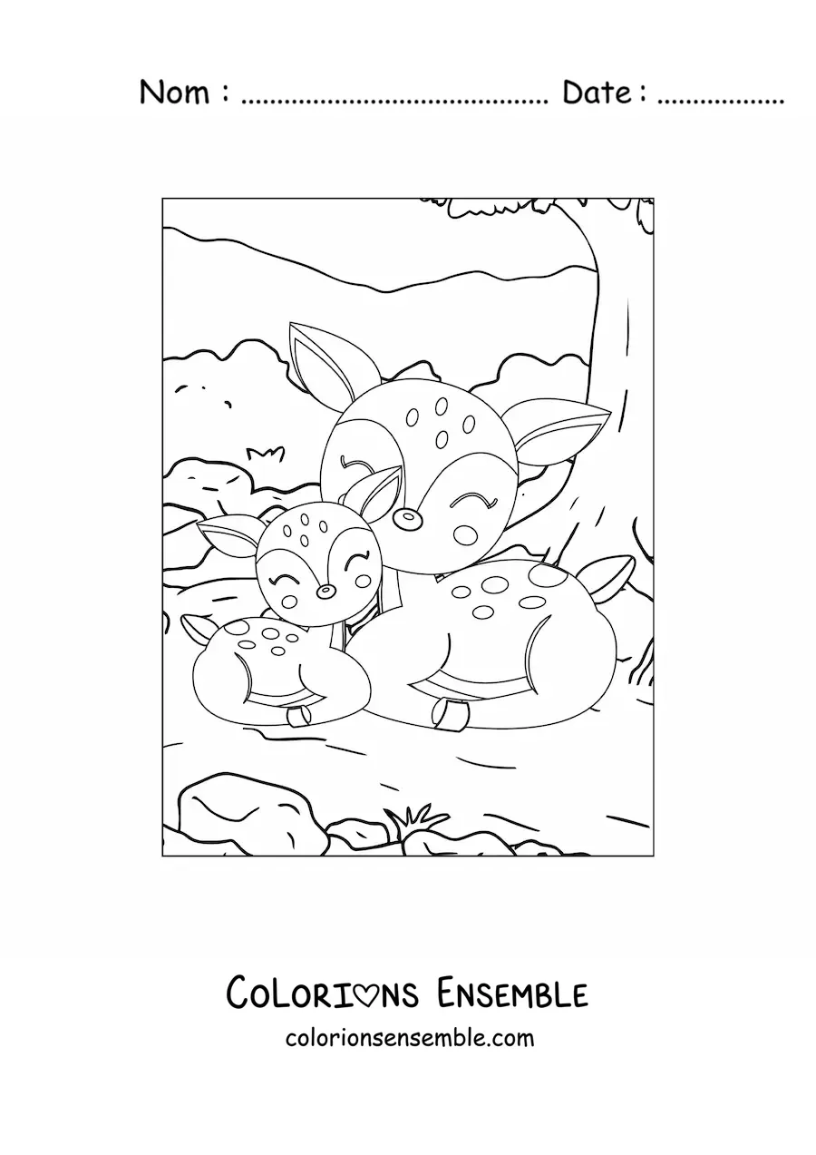 Image à colorier de deux cerfs kawaii de la forêt
