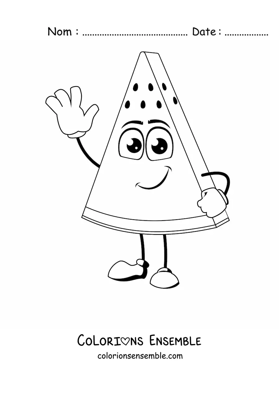 Image à colorier d'une pastèque rigolote qui salue de la main