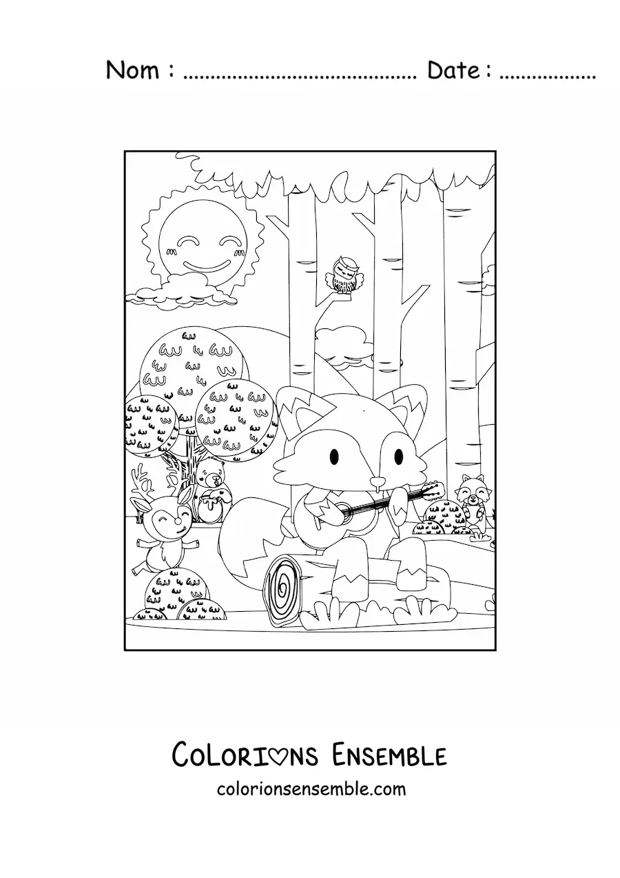 Image à colorier d'un renard kawaii dans la forêt