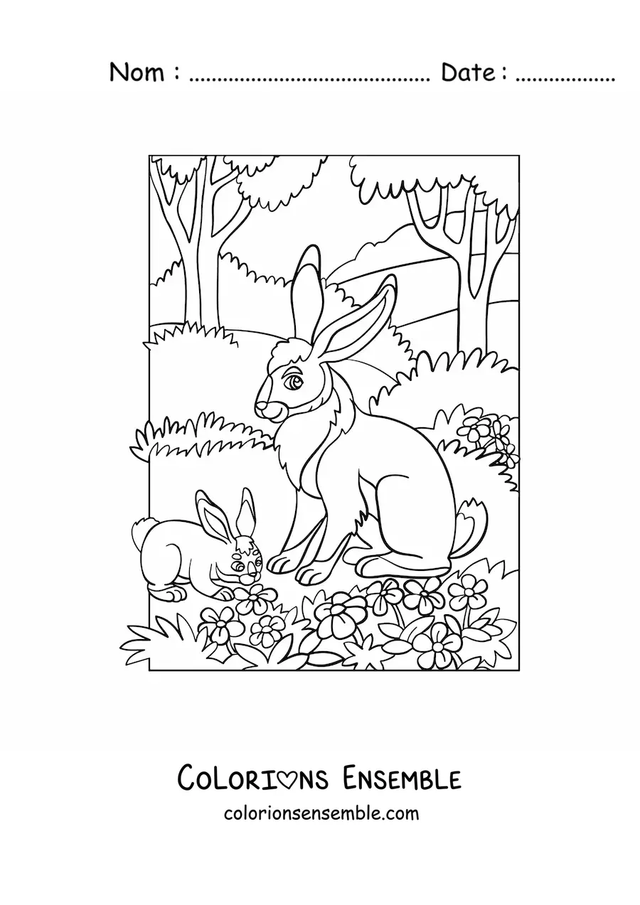 Image à colorier de deux lapins dans la forêt
