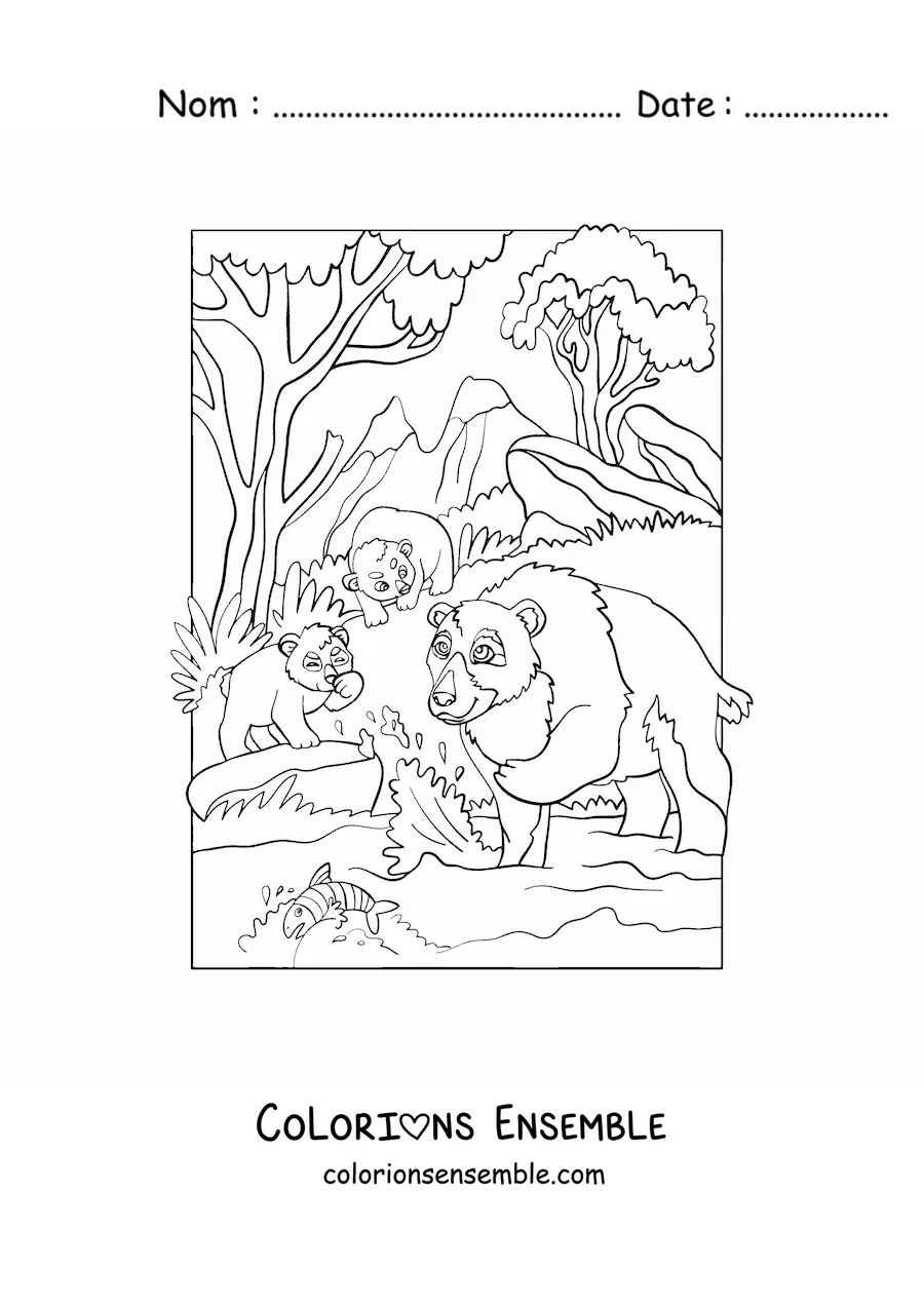 Image à colorier d'une famille d'ours dans la forêt