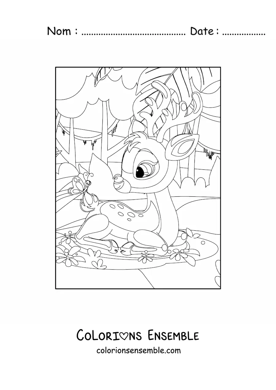 Image à colorier d'un petit cerf dans la forêt
