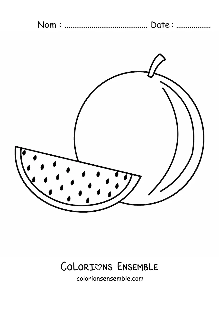Image à colorier d'une tranche de pastèque à côté d'une pastèque entière