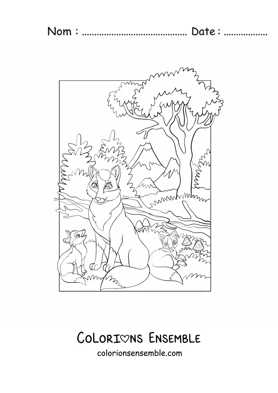 Image à colorier d'une portée de loups dans la forêt