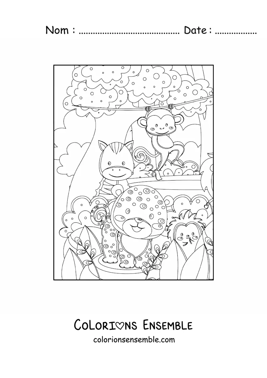 Image à colorier de plusieurs animaux kawaii de la jungle