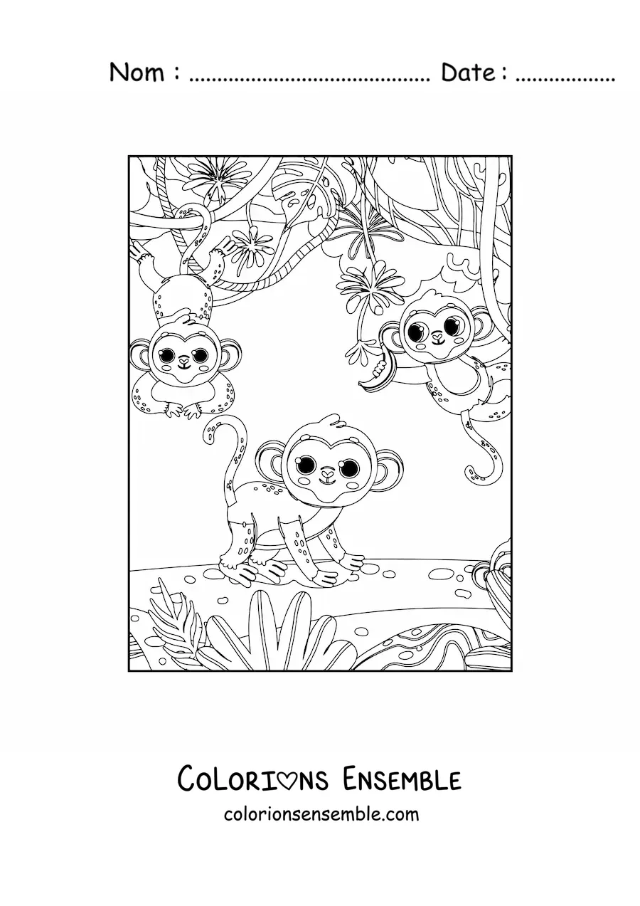 Image à colorier de trois singes kawaii dans la jungle
