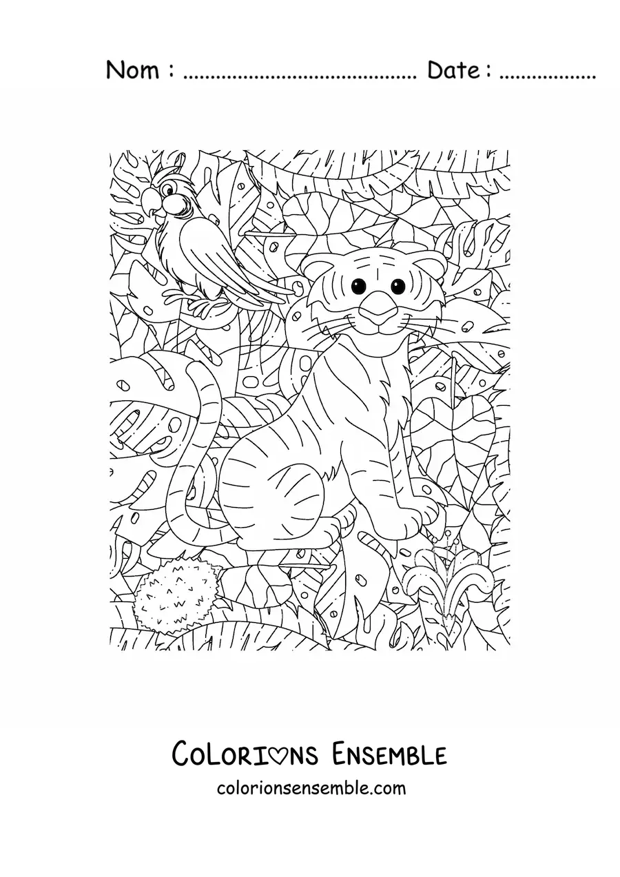 Image à colorier d'un bébé tigre dans la jungle