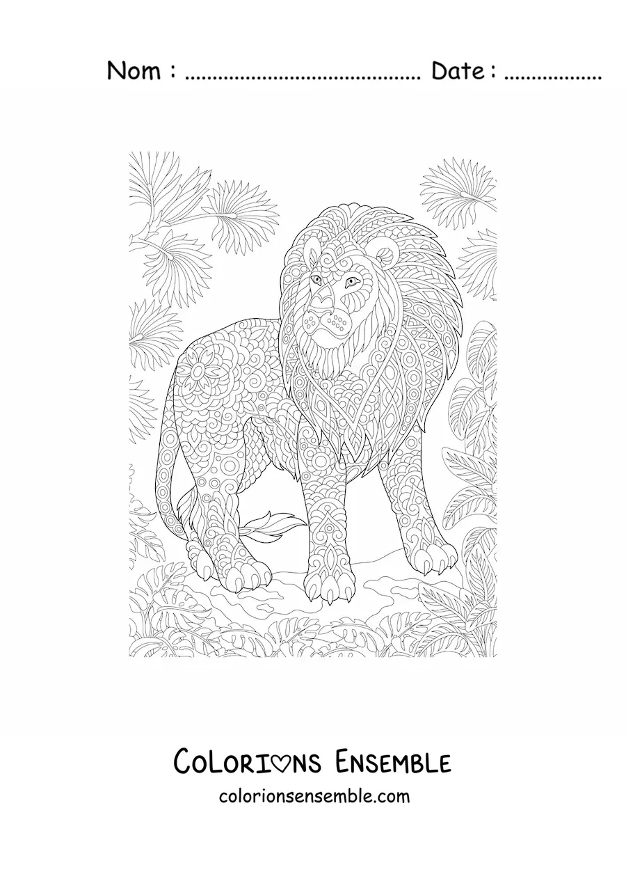 Image à colorier d'un mandala représentant un lion de la jungle africaine