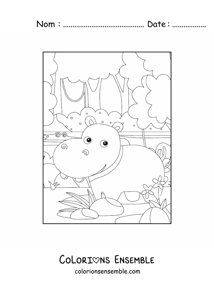 Image à colorier d'un hippopotame sauvage en dessin animé