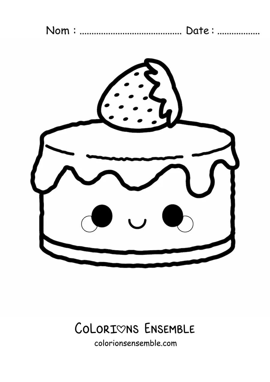 Image à colorier d'un gâteau aux fraises kawaii rigolo
