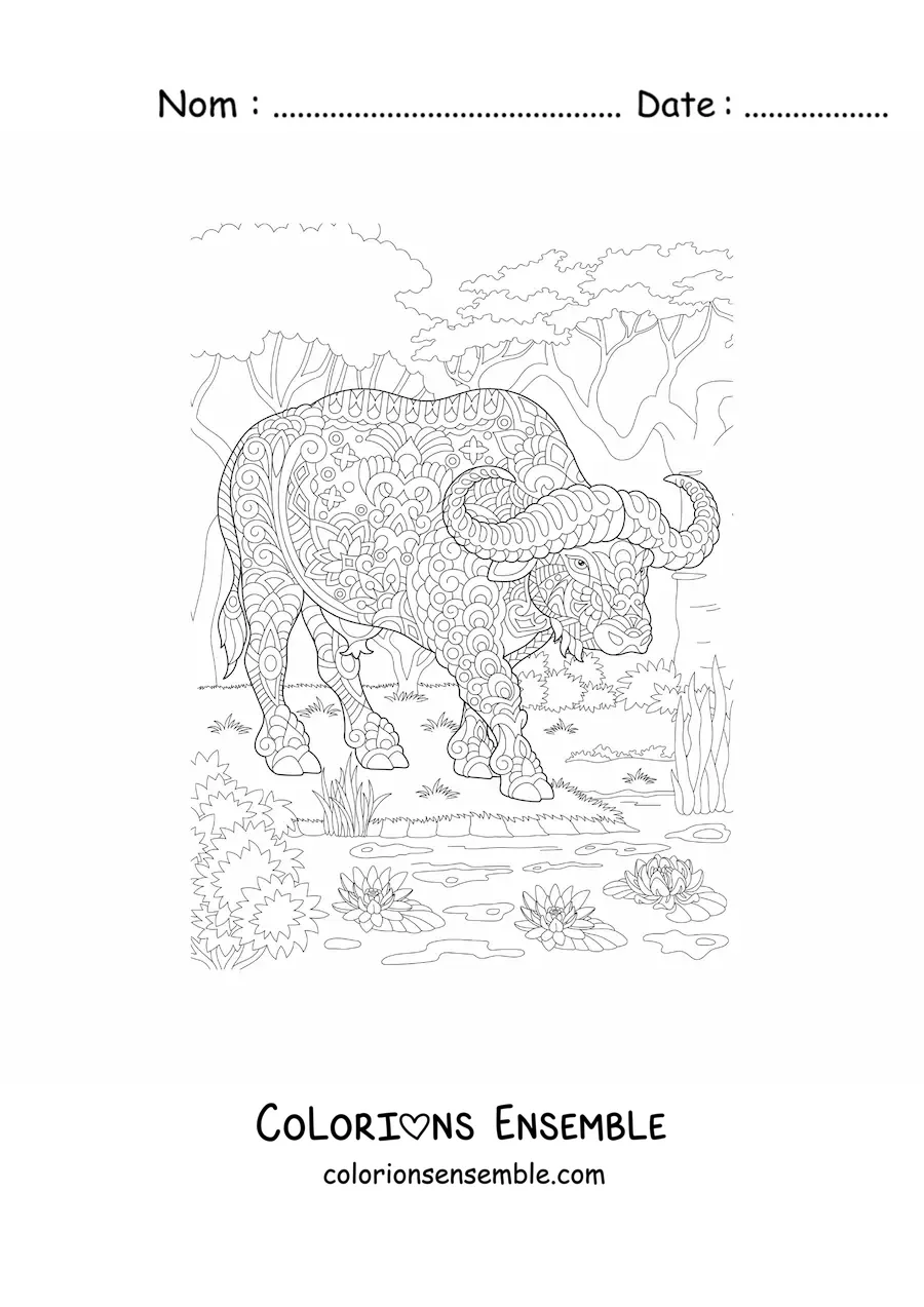 Image à colorier d'un mandala représentant un buffle sauvage