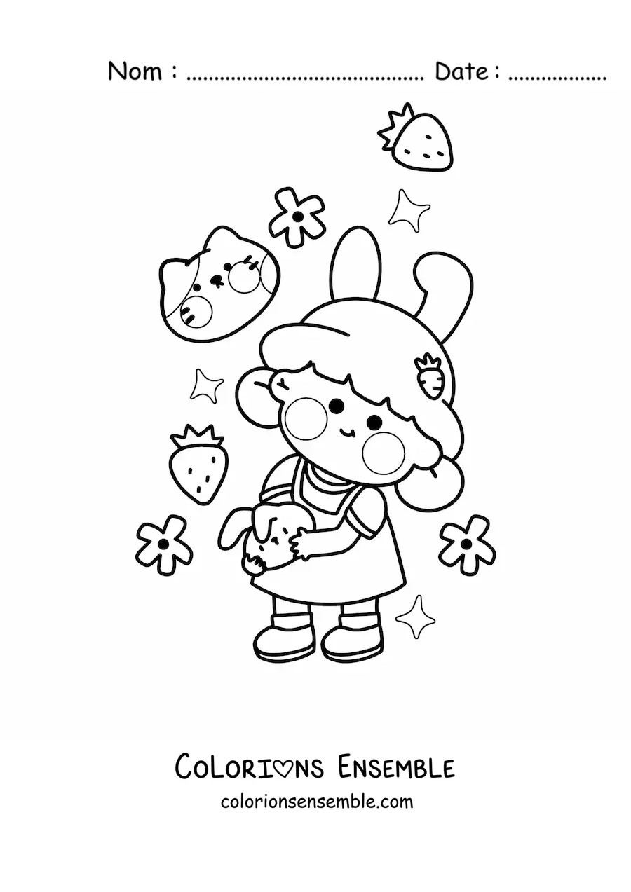 Image à colorier d'une petite fille entourée de fraises, d'étoiles, de fleurs et d'un petit chat