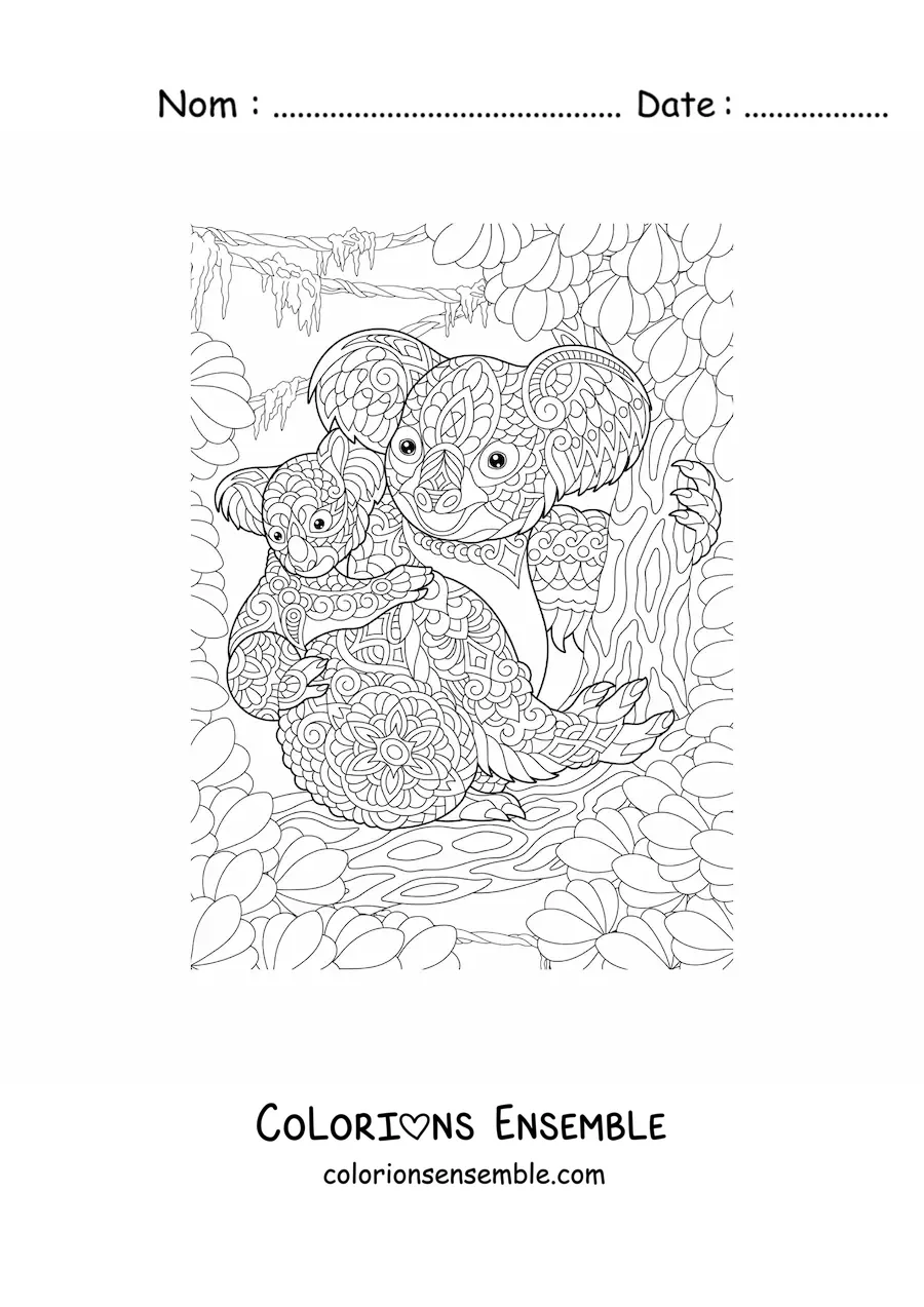 Image à colorier d'un mandala représentant deux koalas dans la jungle