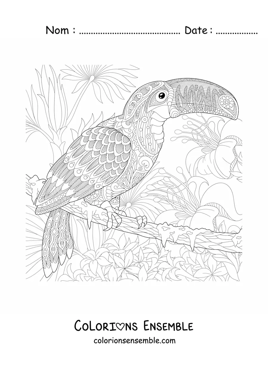 Image à colorier d'un mandala représentant un toucan dans la jungle