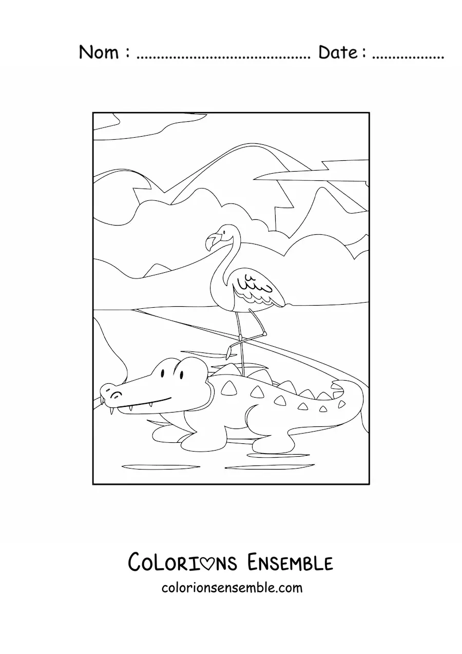Image à colorier d'un flamant rose et d'un crocodile sauvages au bord d'un lac
