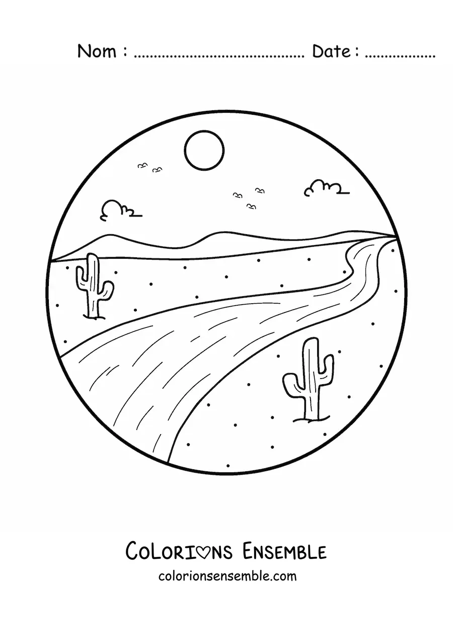 Image à colorier d'une route dans le désert