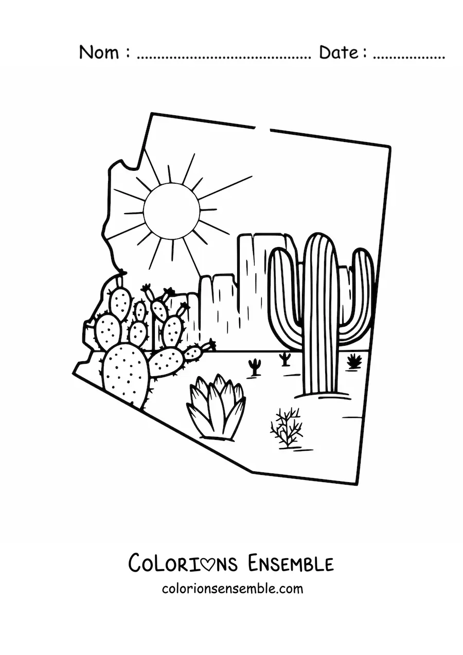 Image à colorier de la carte de l'Arizona avec un dessin du désert