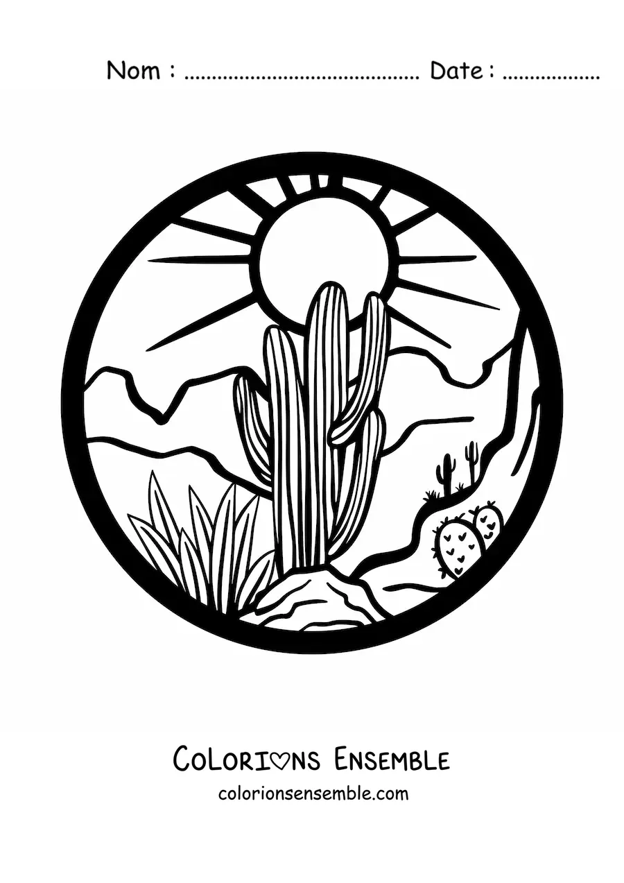 Image à colorier d'un paysage avec des plantes du désert