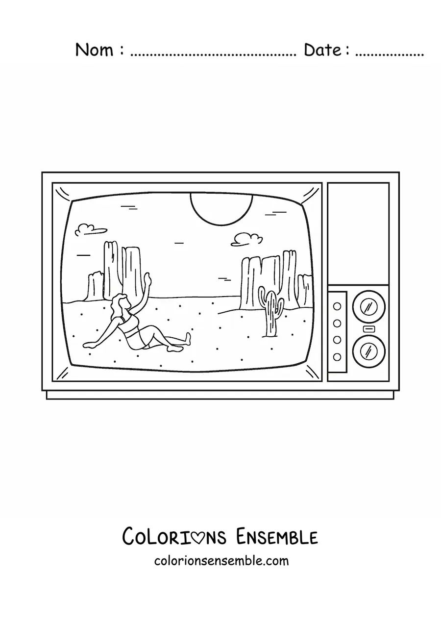 Image à colorier d'un désert sur l'écran d'une télévision