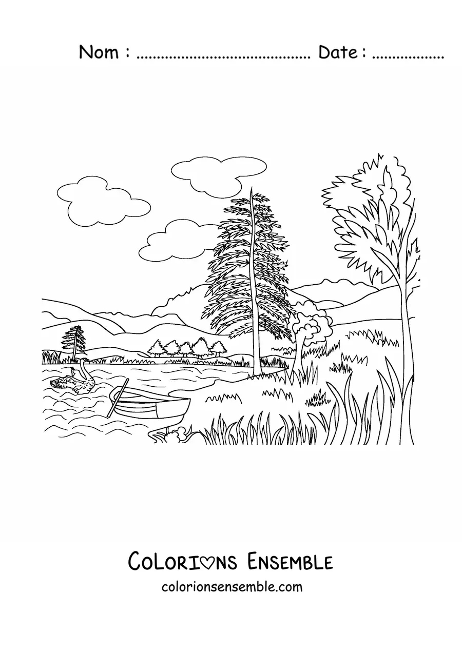 Image à colorier d'un paysage avec un lac
