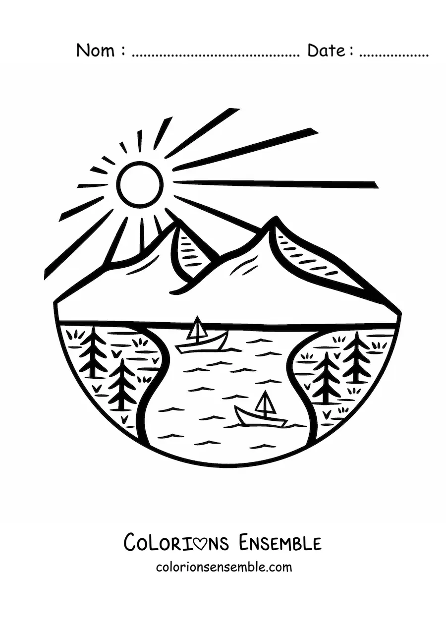 Image à colorier d'un lac dans les montagnes