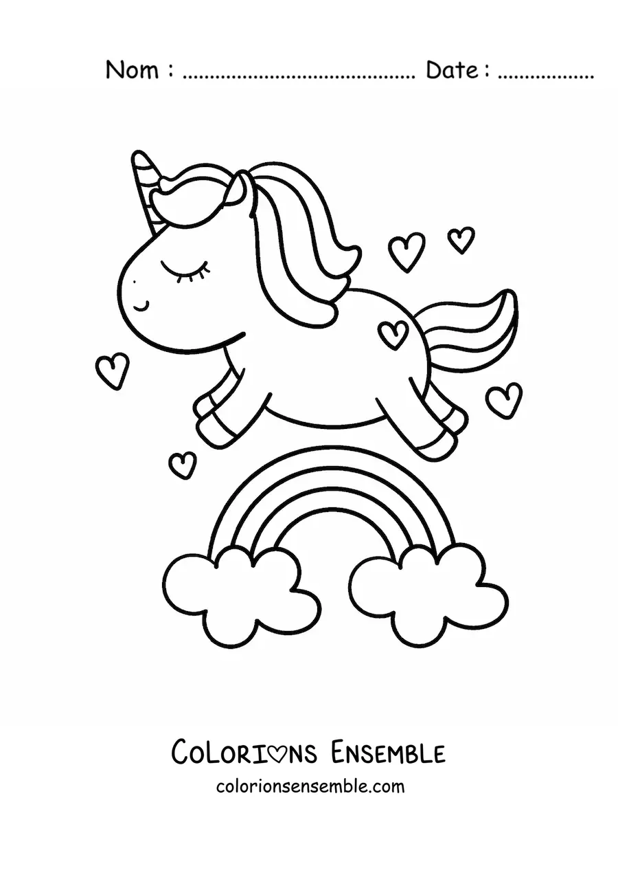 Image à colorier d'un arc-en-ciel avec une licorne kawaii et de petits cœurs