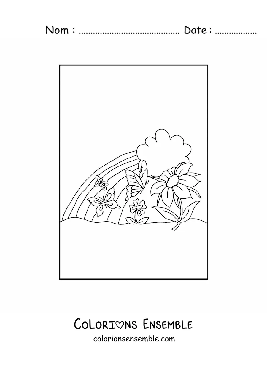 Image à colorier d'un arc-en-ciel avec 2 fleurs, 3 petits papillons et un nuage