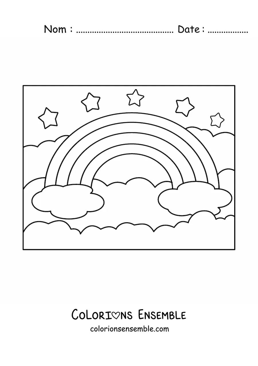 Image à colorier d'un grand arc-en-ciel avec des nuages et des étoiles