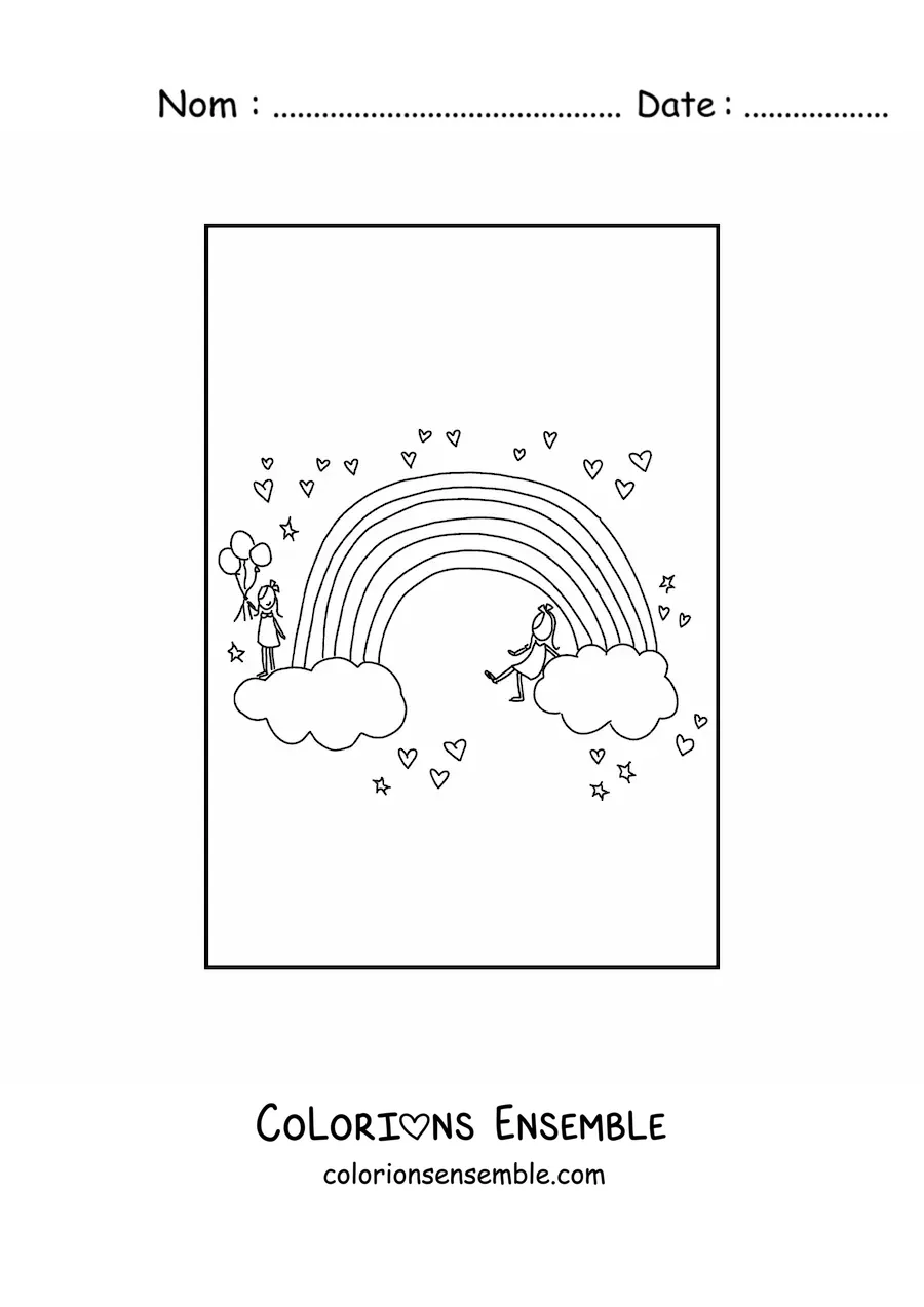 Image à colorier de 2 petites filles sur des nuages aux extrémités d'un arc-en-ciel entouré de cœurs