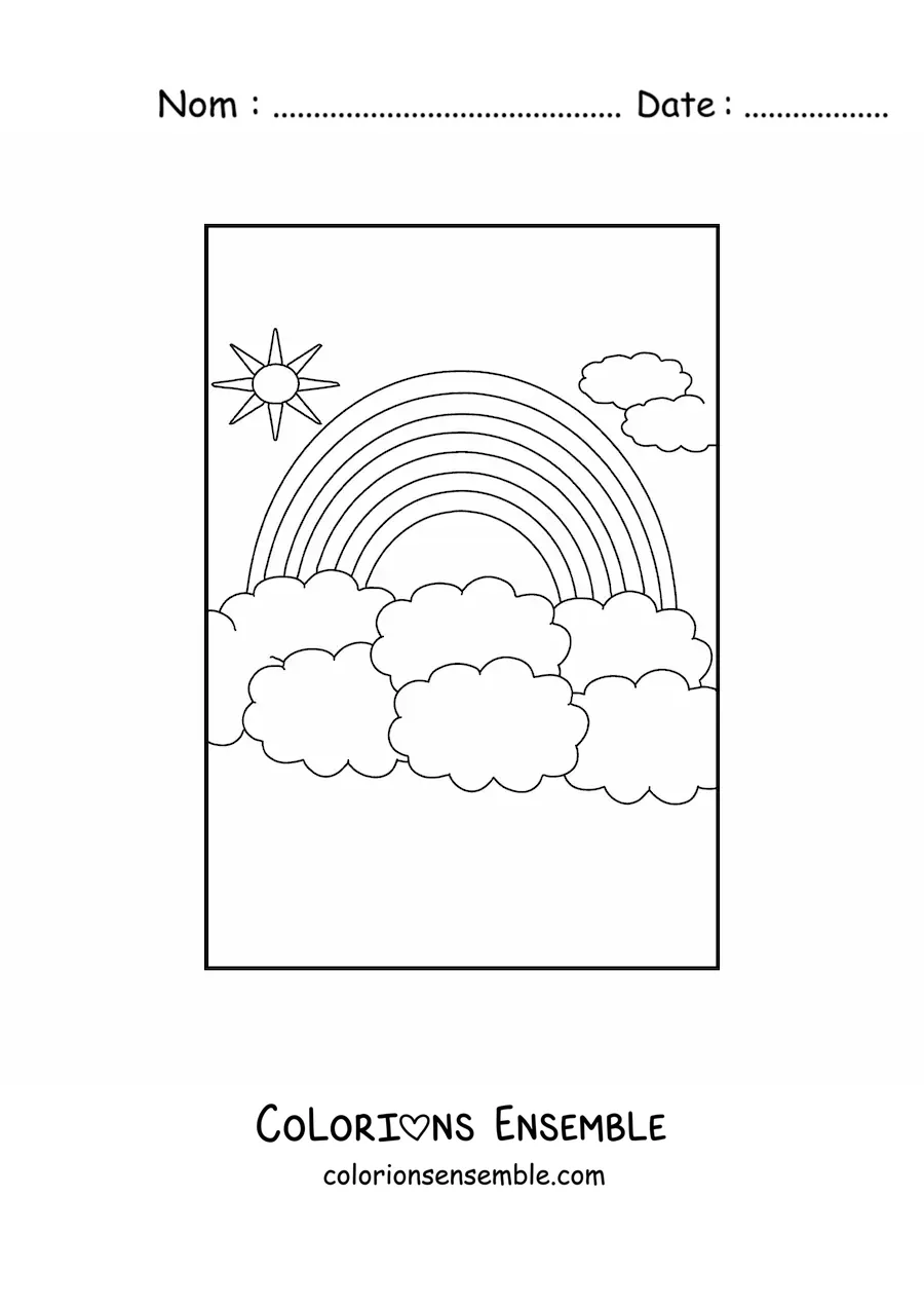 Image à colorier d’un grand arc-en-ciel entouré de nuages et du Soleil