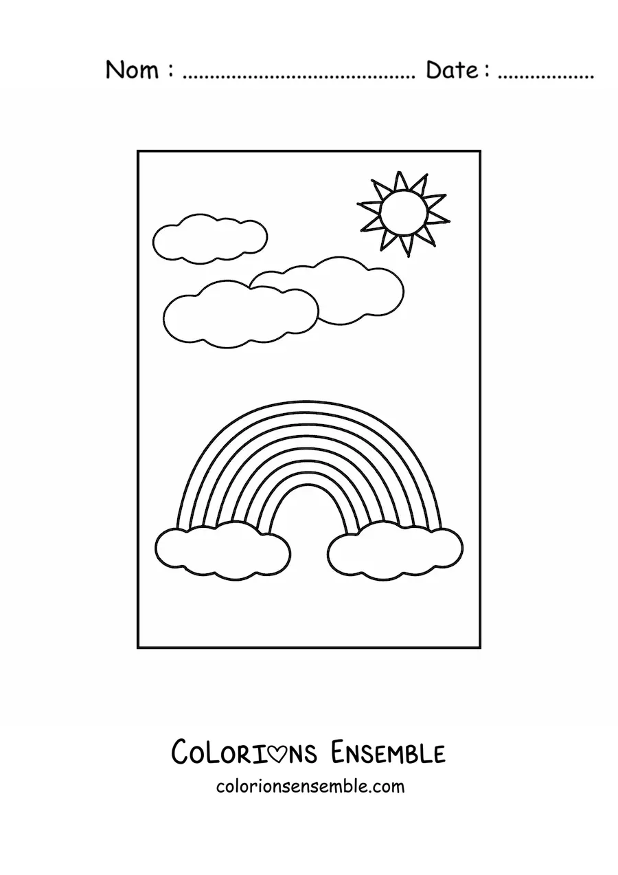 Image à colorier d’un joli arc-en-ciel sur fond de nuages et de Soleil