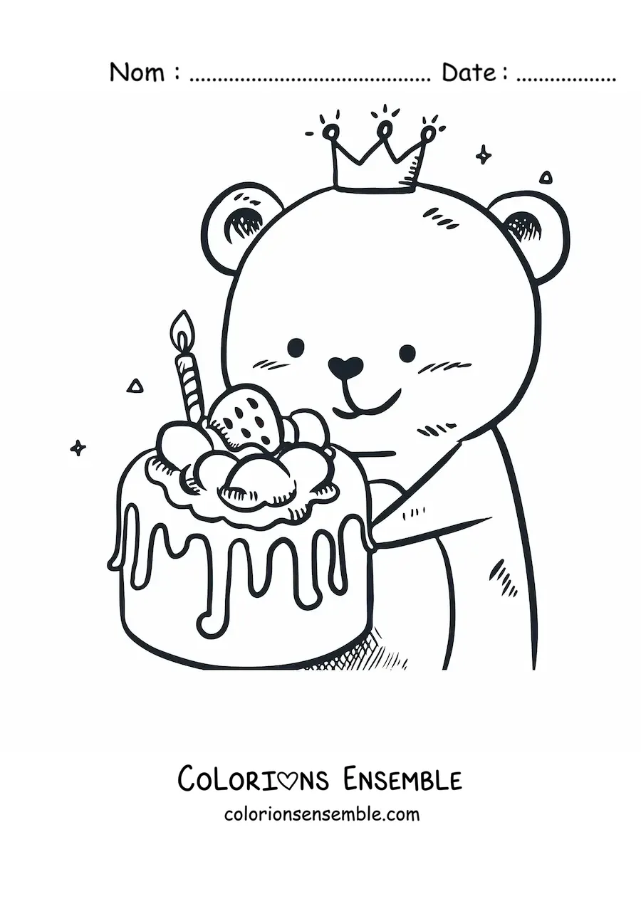 Image à colorier d'un ours rigolo avec un gâteau d'anniversaire aux fraises