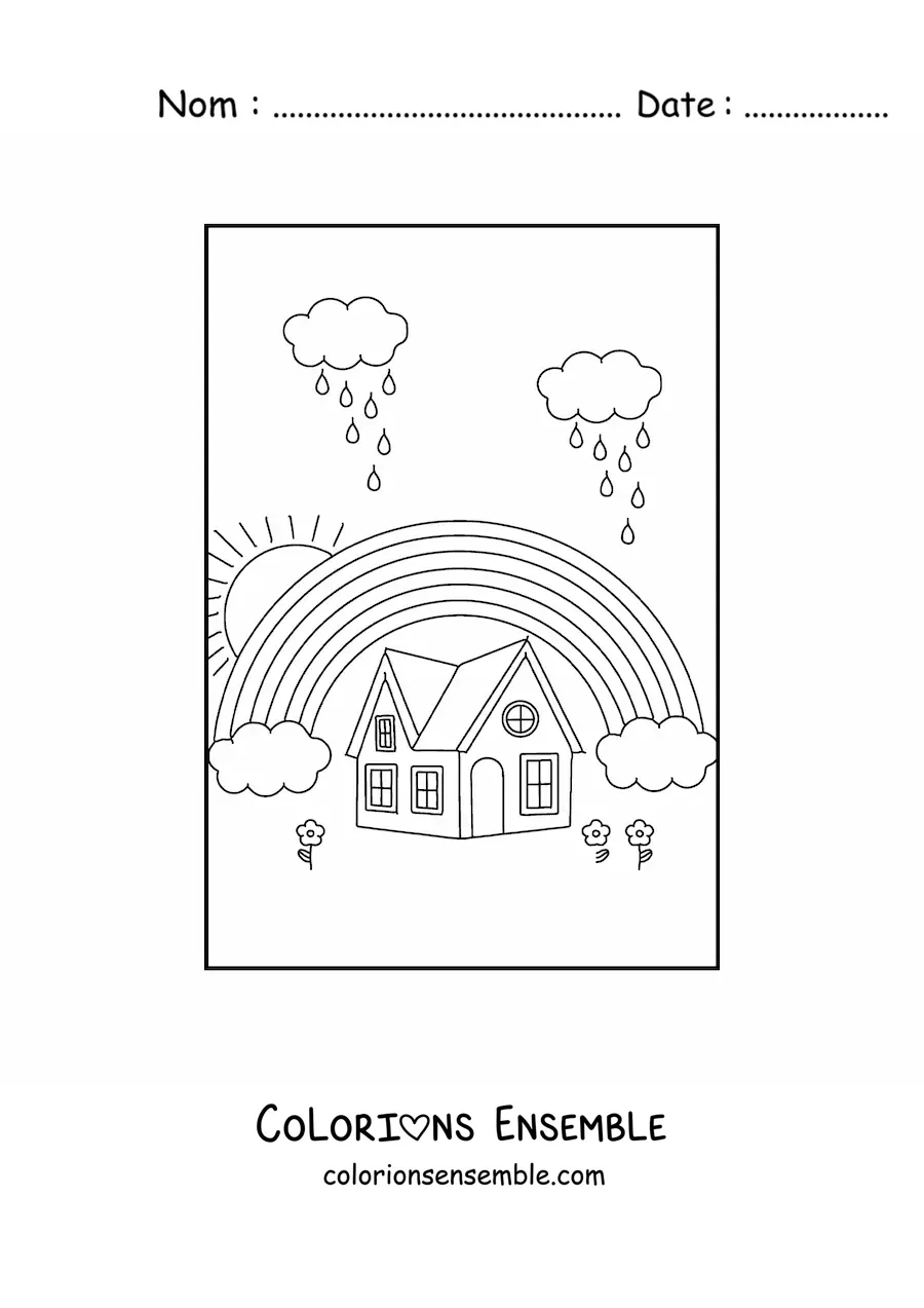 Image à colorier d’un arc-en-ciel au-dessus d’une maison, avec 2 nuages qui pleuvent et un Soleil